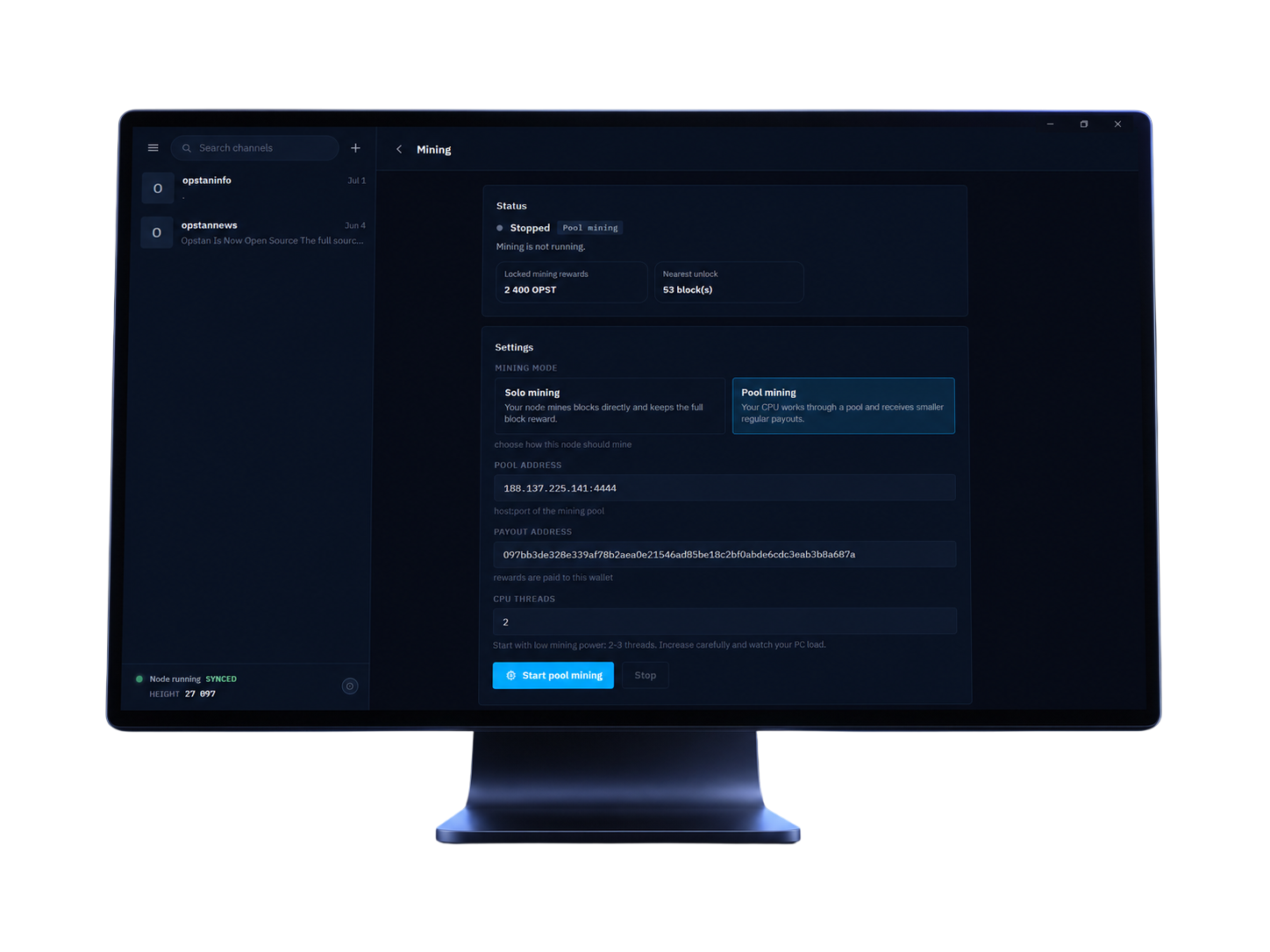 Opstan desktop PC application interface